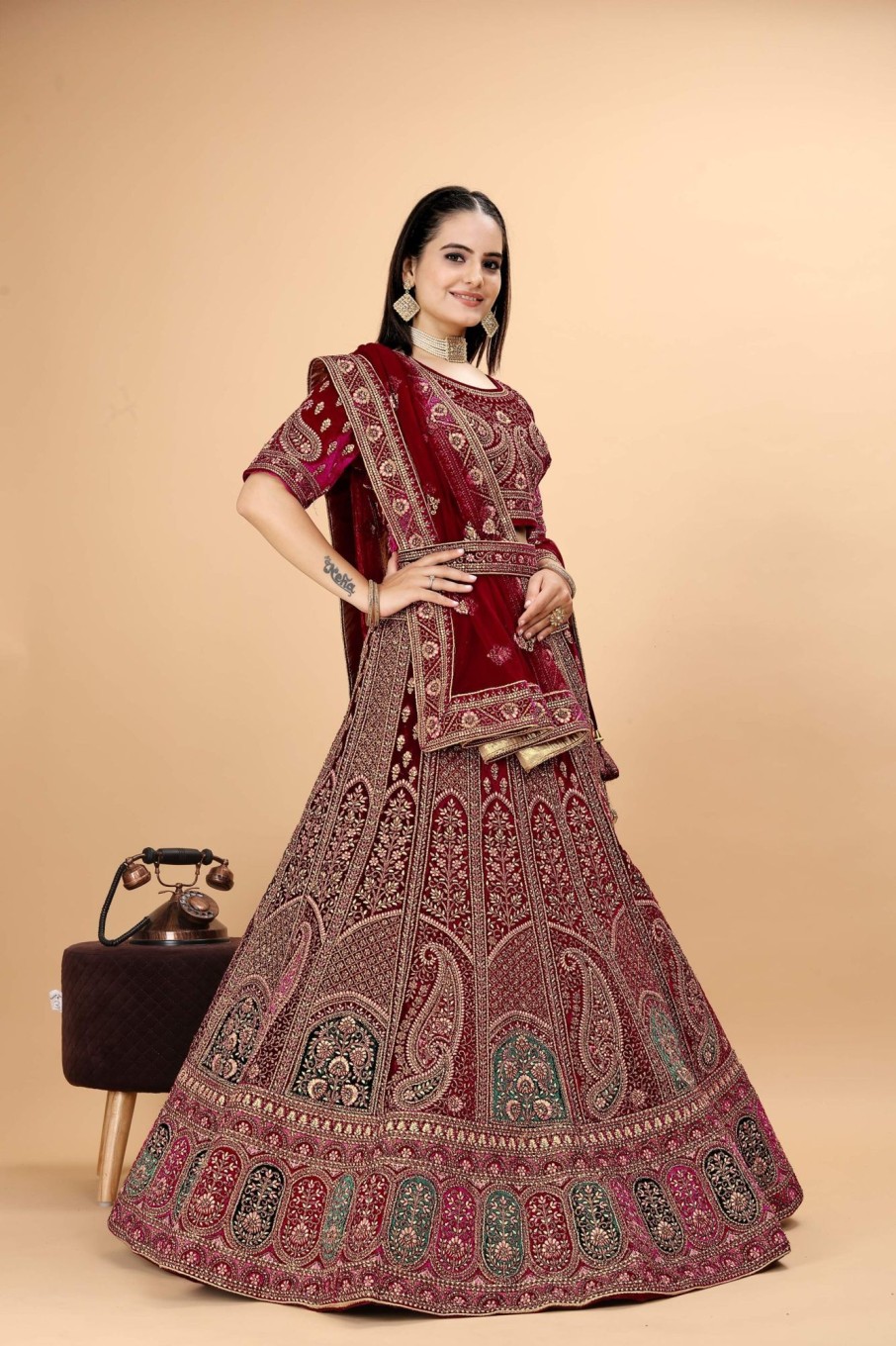 Women IndiFeels Lehenga | Heavy Bridal Embroidered Velvet Lehenga