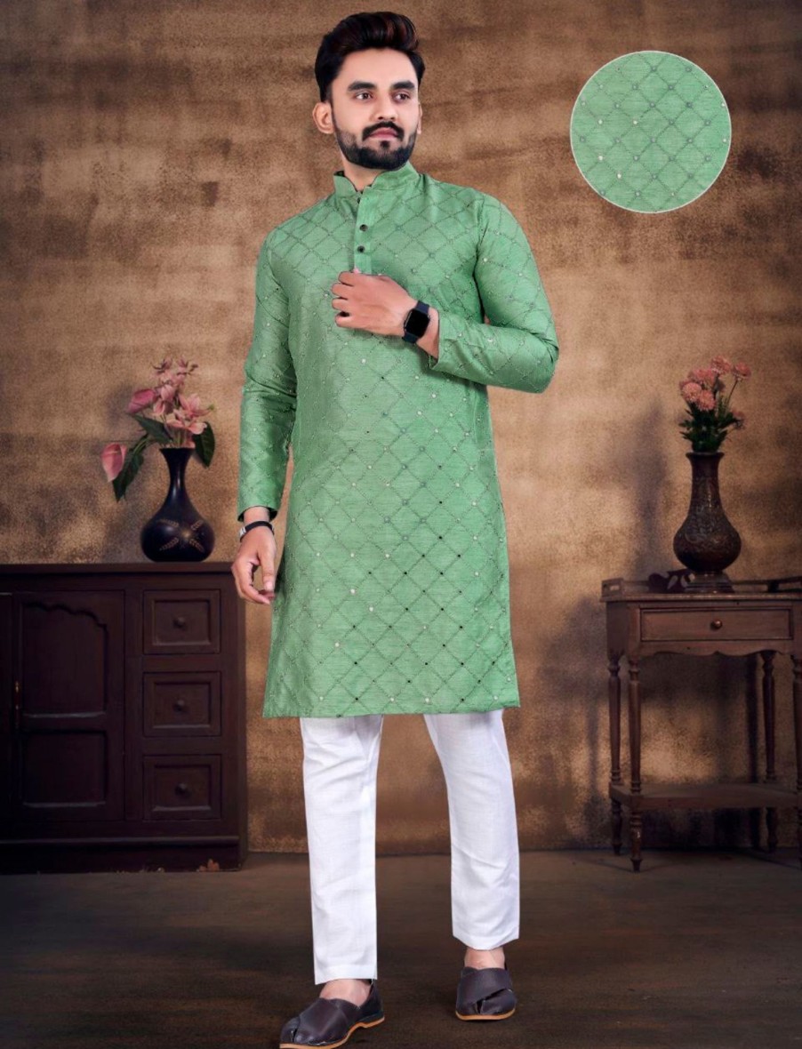 Men IndiFeels | Mirror Work Kurta Pajama In Green Color