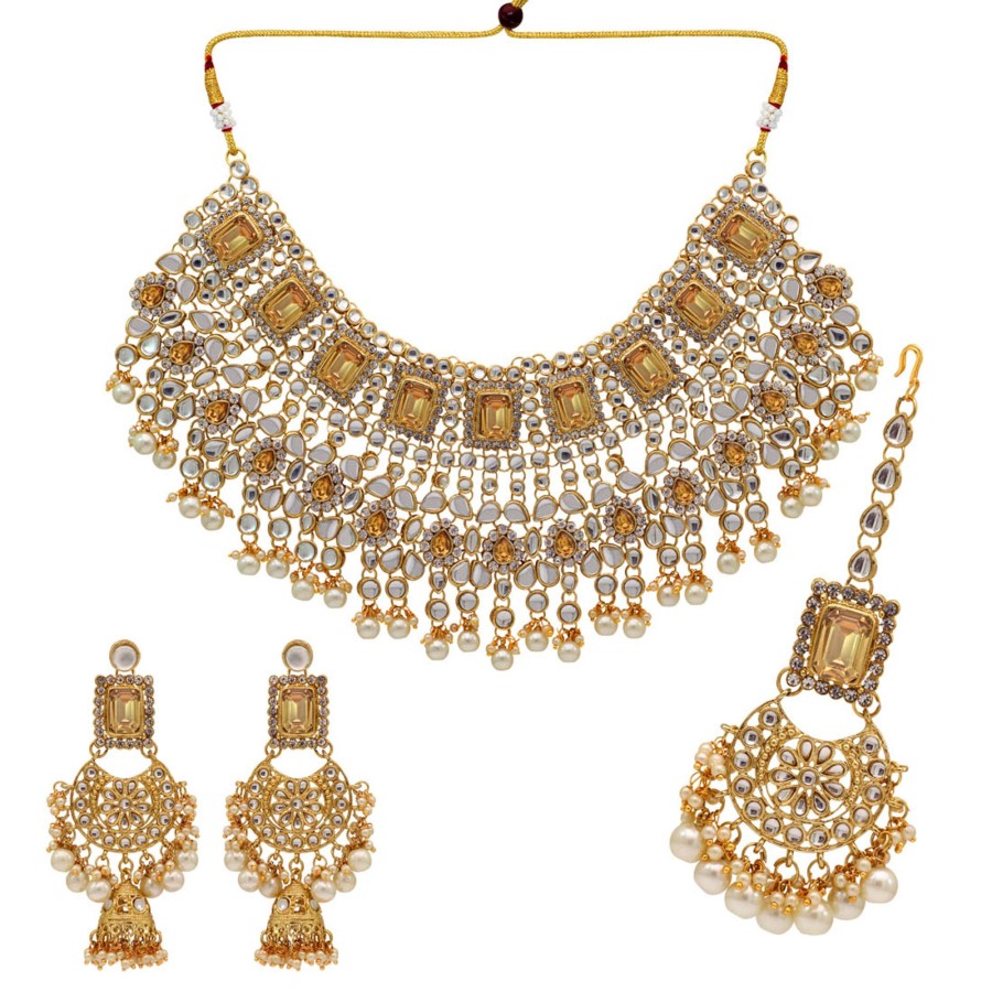 Women IndiFeels Necklace | Kundan Necklace With Earrings & Maang Tikka