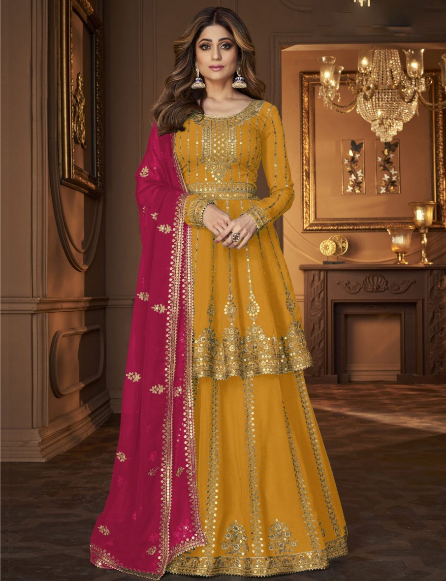 Women IndiFeels Lehenga | Embroidered Mustard Georgette Lehenga Suit