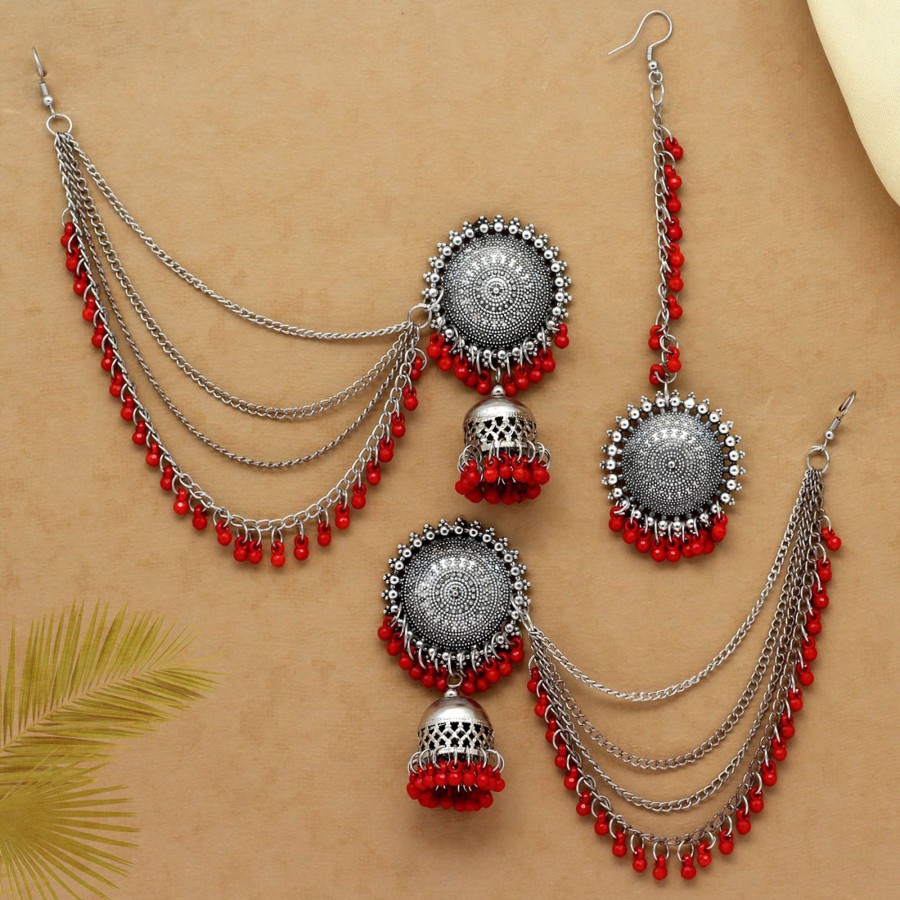 Women IndiFeels Maang Tikka Earrings Set | Oxidised Maang Tikka With Earrings Set