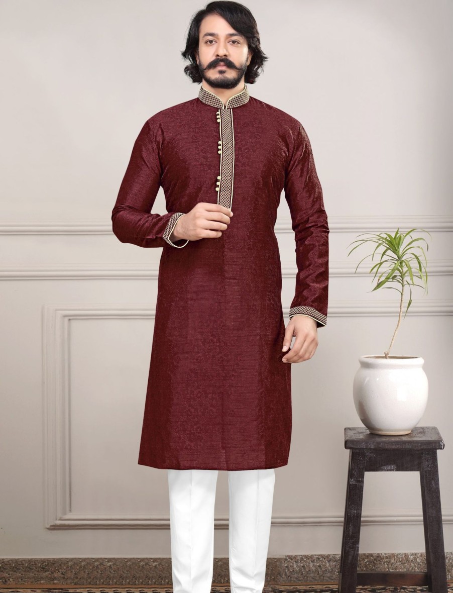 Men IndiFeels | Silk Kurta Pajama - Maroon