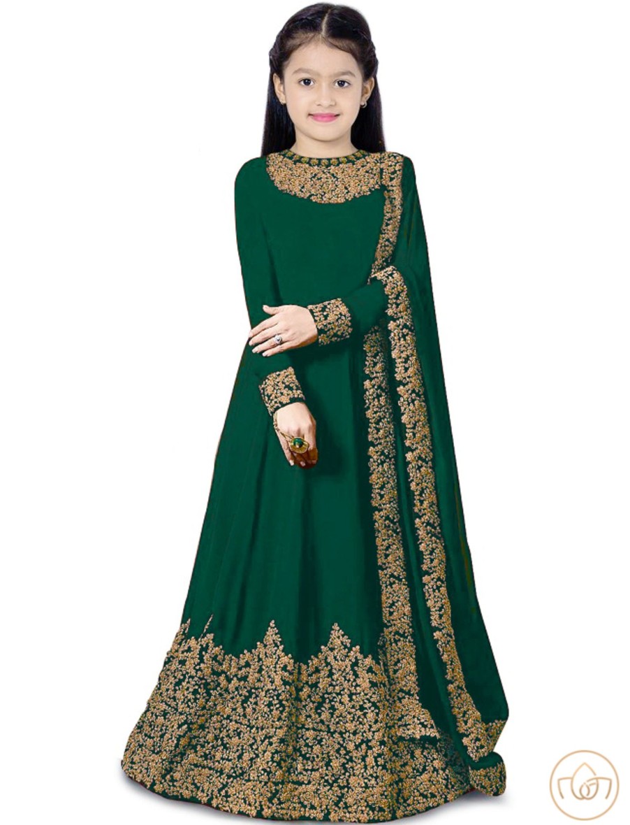 Kids IndiFeels | Green Anarkali Indian Gown For Kids