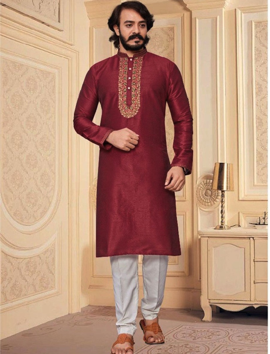 Men IndiFeels | Silk Maroon Kurta Pajama For Men