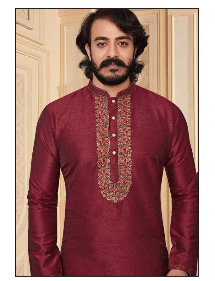 Men IndiFeels | Silk Maroon Kurta Pajama For Men