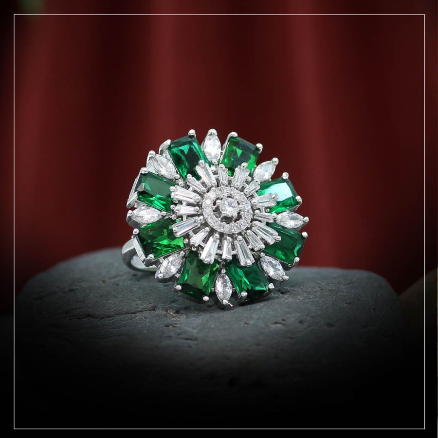 Women IndiFeels Rings | Silver Emerald Green Ad Ring