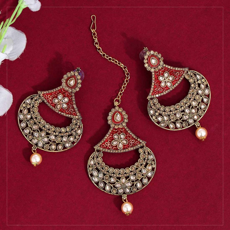 Women IndiFeels Maang Tikka Earrings Set | Kundan Earrings With Maang Tikka With Earrings Set