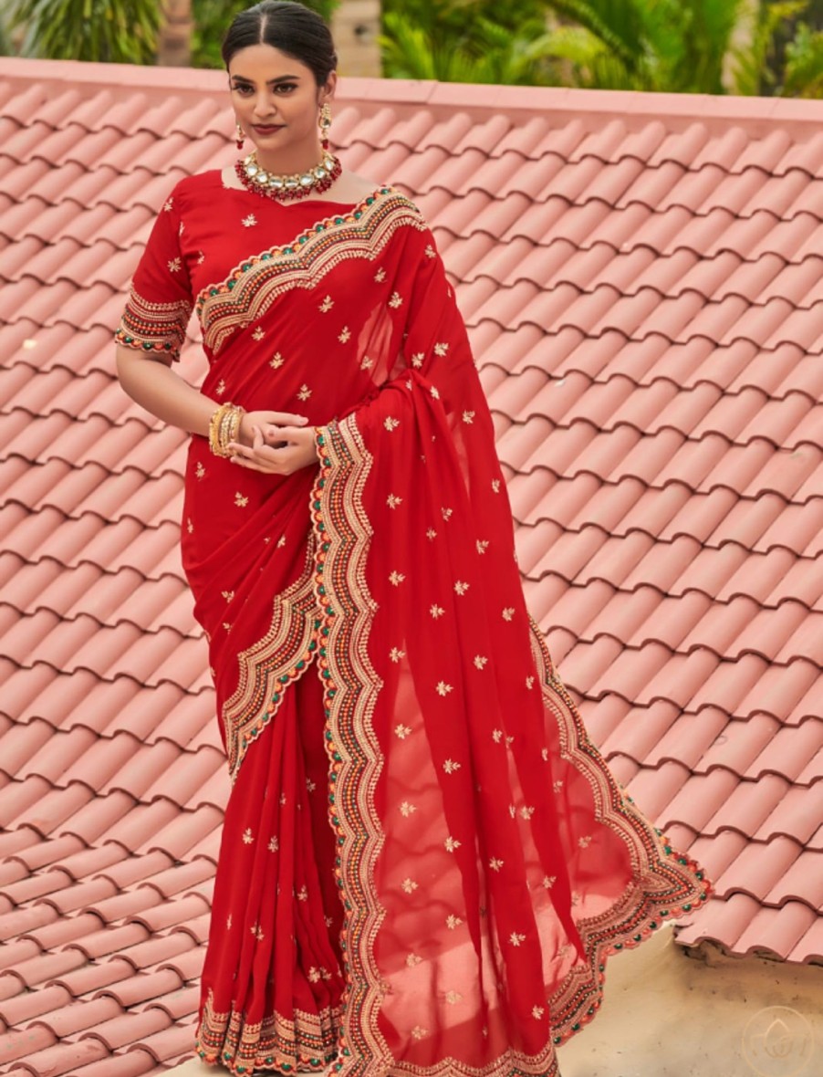 Women IndiFeels Sarees | Red - Multi Colours Bordered Saree