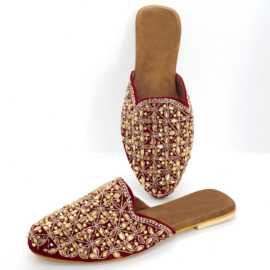 Women IndiFeels | Marron Heavy Embroidery Mules