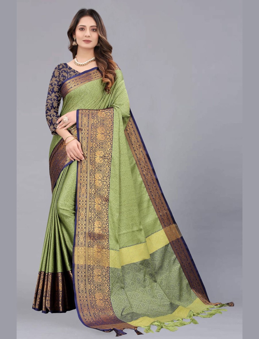 Women IndiFeels Sarees | Blue And Green Cotton Silk Saree