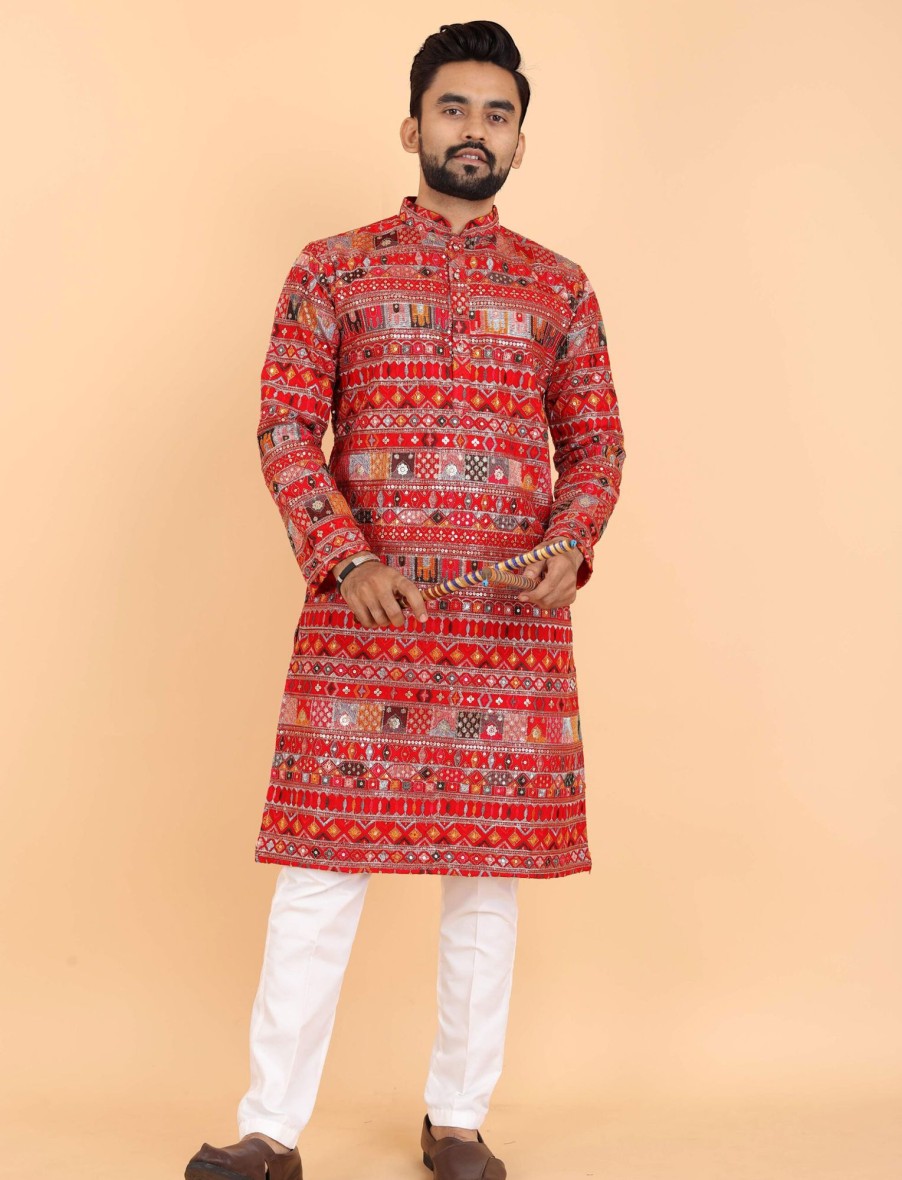 Men IndiFeels | Embroidered Red Kurta Pajama Men