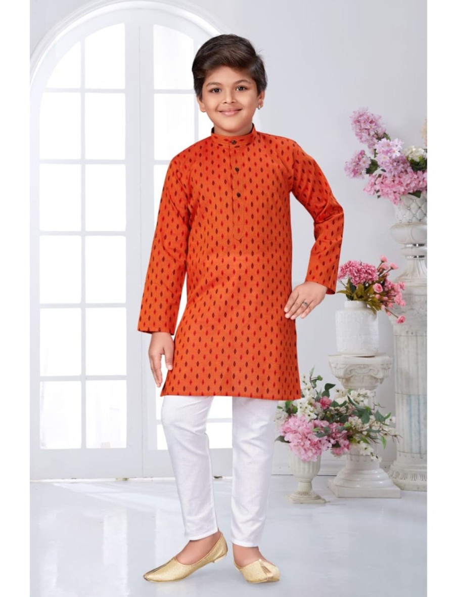 Kids IndiFeels | Printed Kurta Pyjama Orange Color