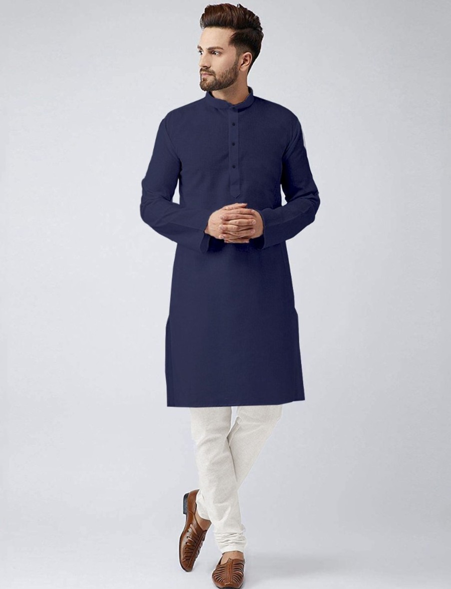 Men IndiFeels | Plain Cotton Kurta Pajama- Navy Blue