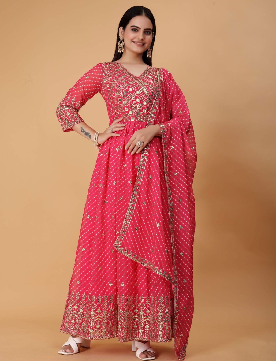 Women IndiFeels Suits | Pink Georgette Anarkali Suit