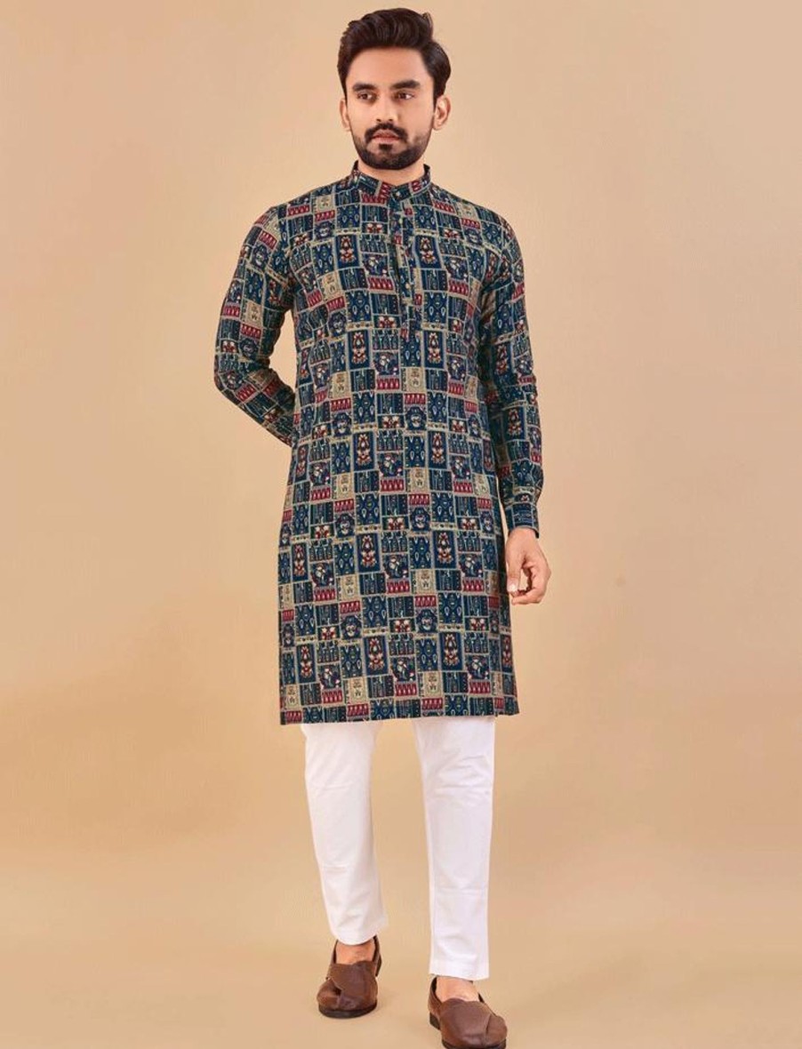 Men IndiFeels | Printed Blue Kurta Pajama Men