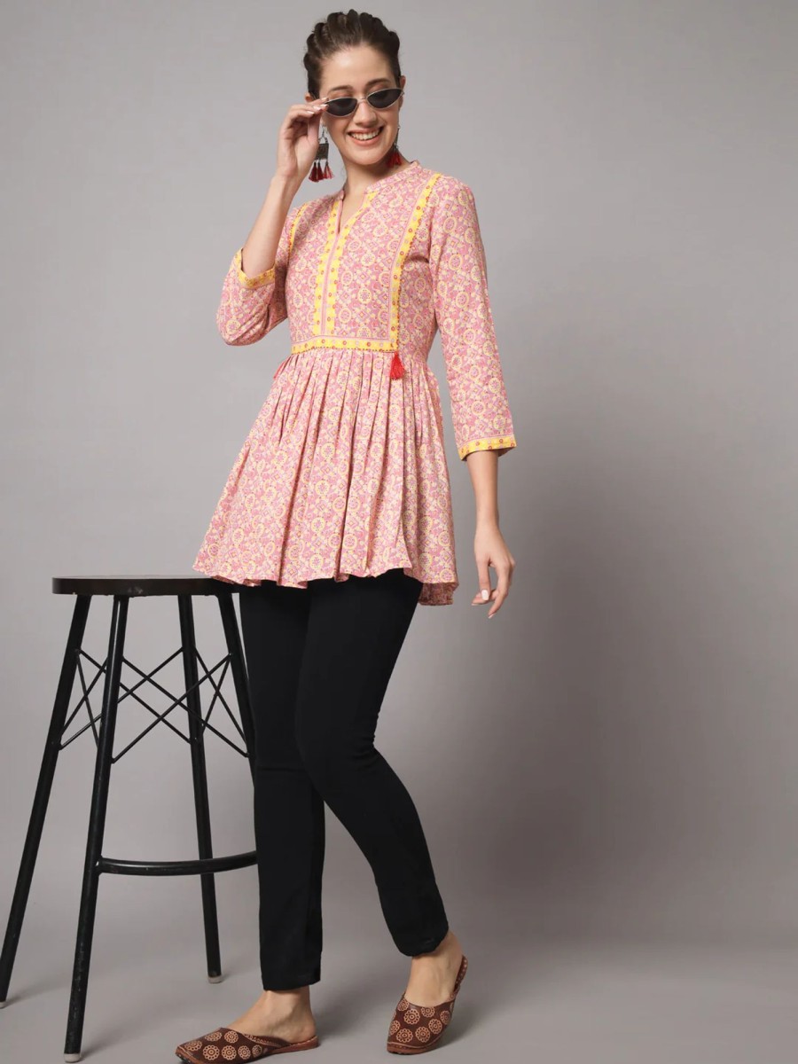 Women IndiFeels Short Top Kurti | Flared Pink Short Kurti Women