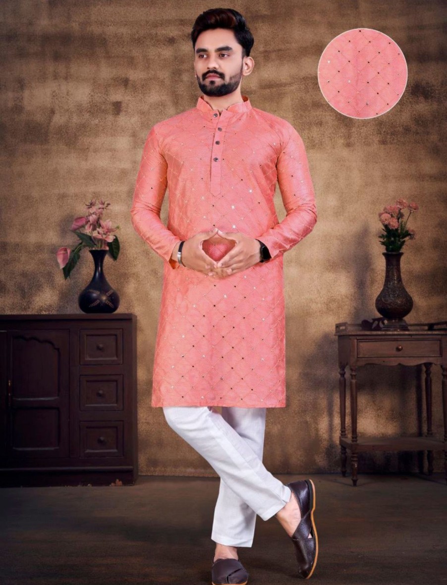 Men IndiFeels | Mirror Work Kurta Pajama In Pink Color