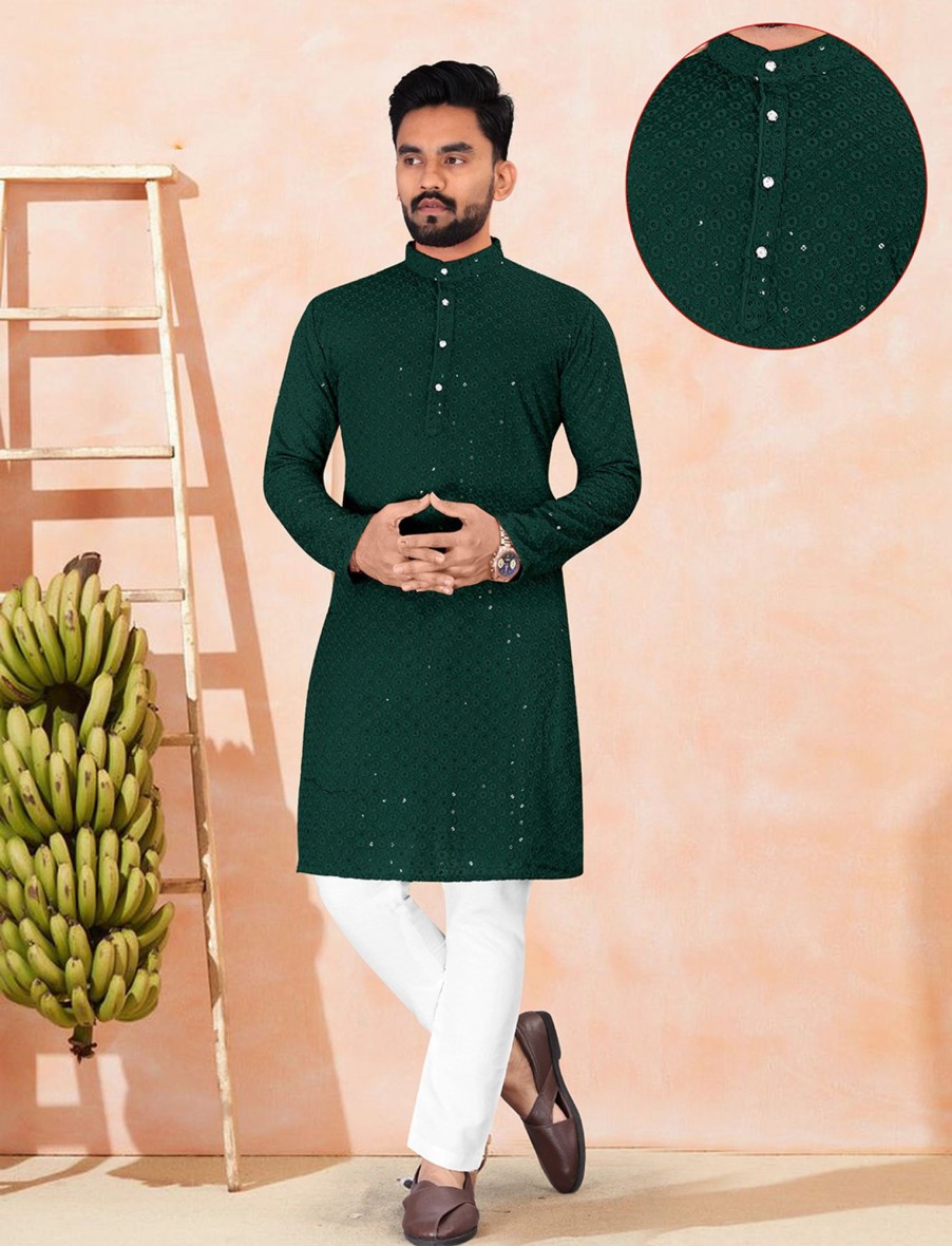 Men IndiFeels | Green Chikankari Kurta Pajama For Men