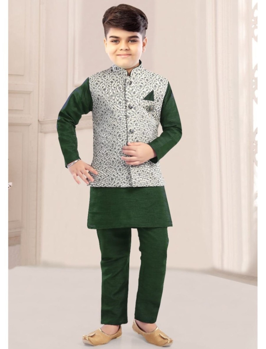 Kids IndiFeels | Green Kurta Pajama With Printed Jacket