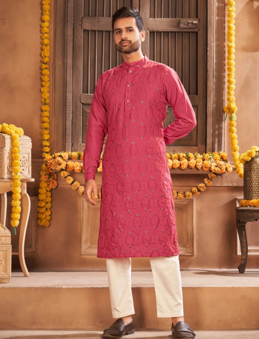 Men IndiFeels | Embroidered Cotton Kurta Pajama Set In Pink