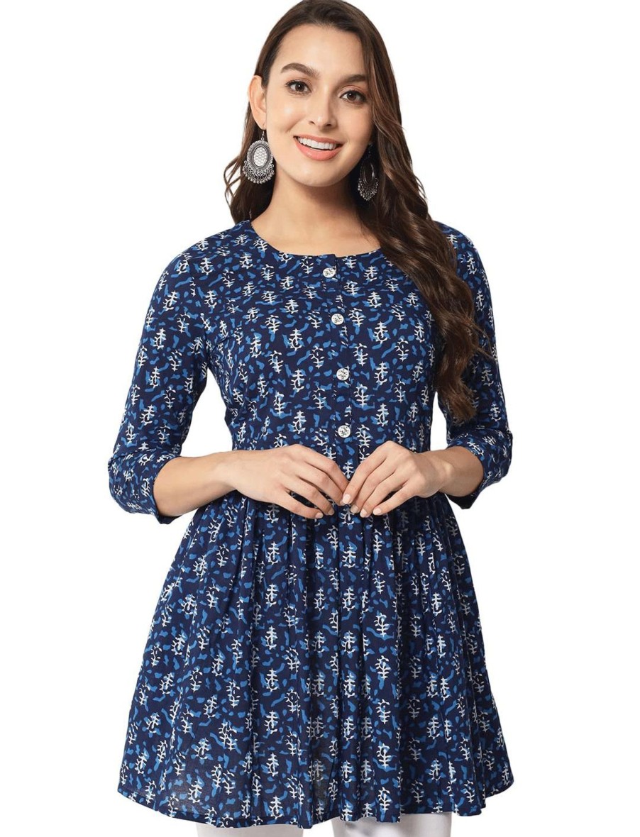 Women IndiFeels Short Top Kurti | Printed Flared Blue Short Kurti