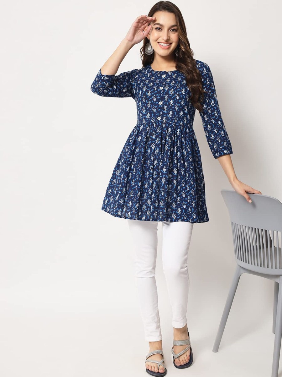 Women IndiFeels Short Top Kurti | Printed Flared Blue Short Kurti