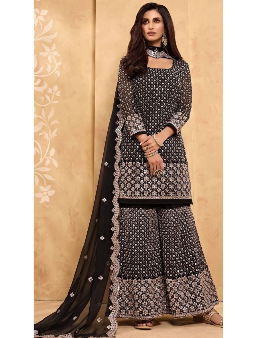 Women IndiFeels Suits | Black Embroidery Sharara Suit