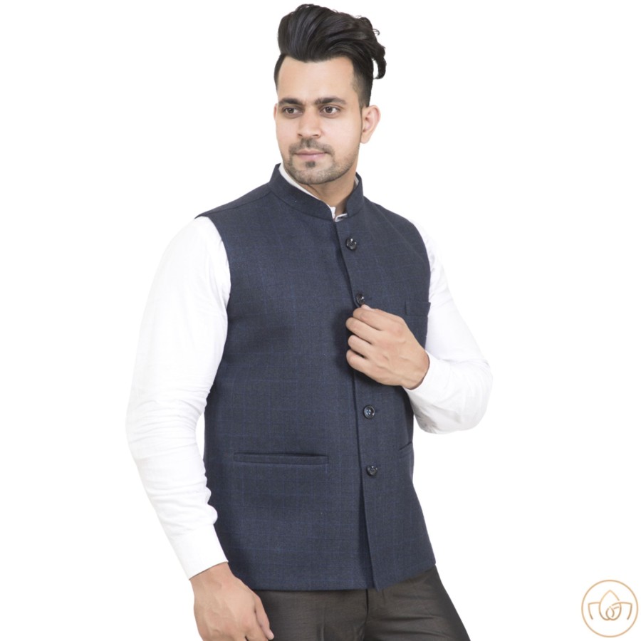 Men IndiFeels | Semi Woolen Nehru Jacket – Navy Blue