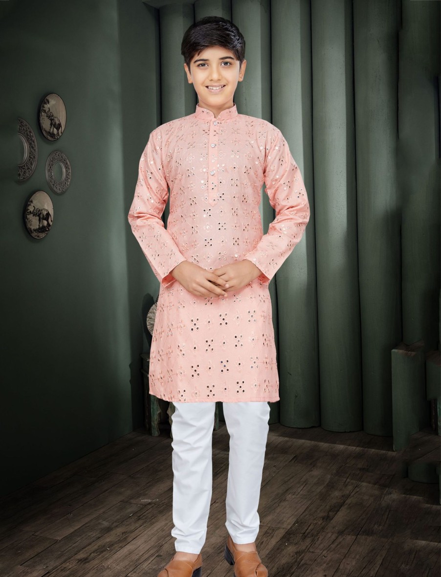 Kids IndiFeels | Boys Peach Mirror Kurta Pajama