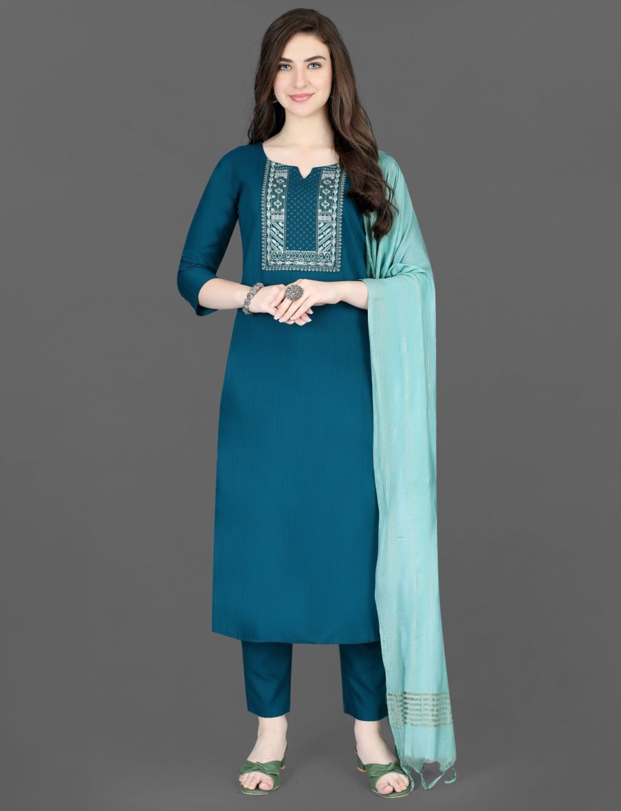 Women IndiFeels Kurti & Pants | Ethnic Cotton Suit- Blue