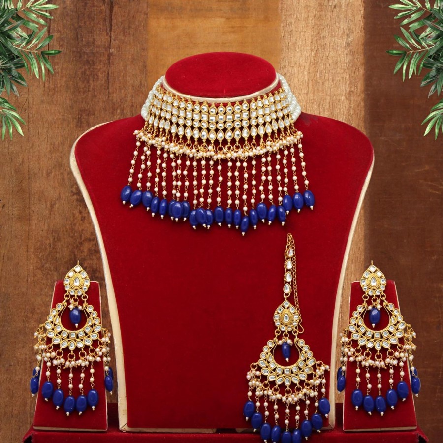 Women IndiFeels Necklace | Blue Color Kundan Necklace Set