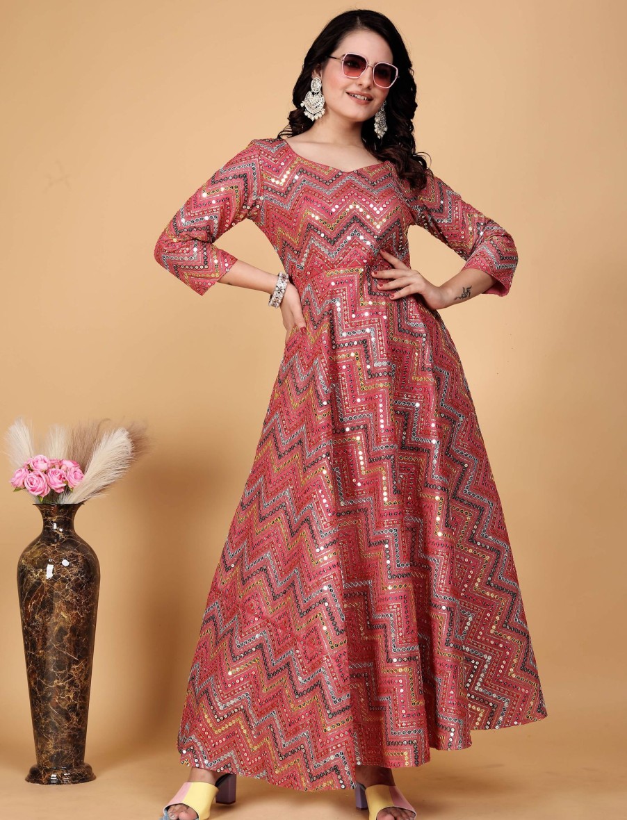 Women IndiFeels Suits | Woman Pink Embroidered Ethnic Anarkali Gown