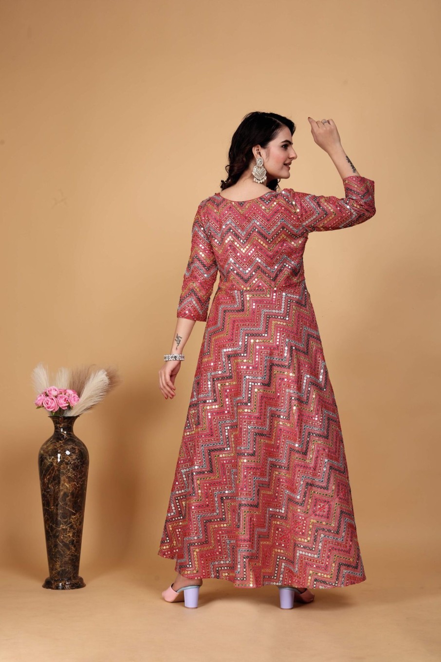 Women IndiFeels Suits | Woman Pink Embroidered Ethnic Anarkali Gown