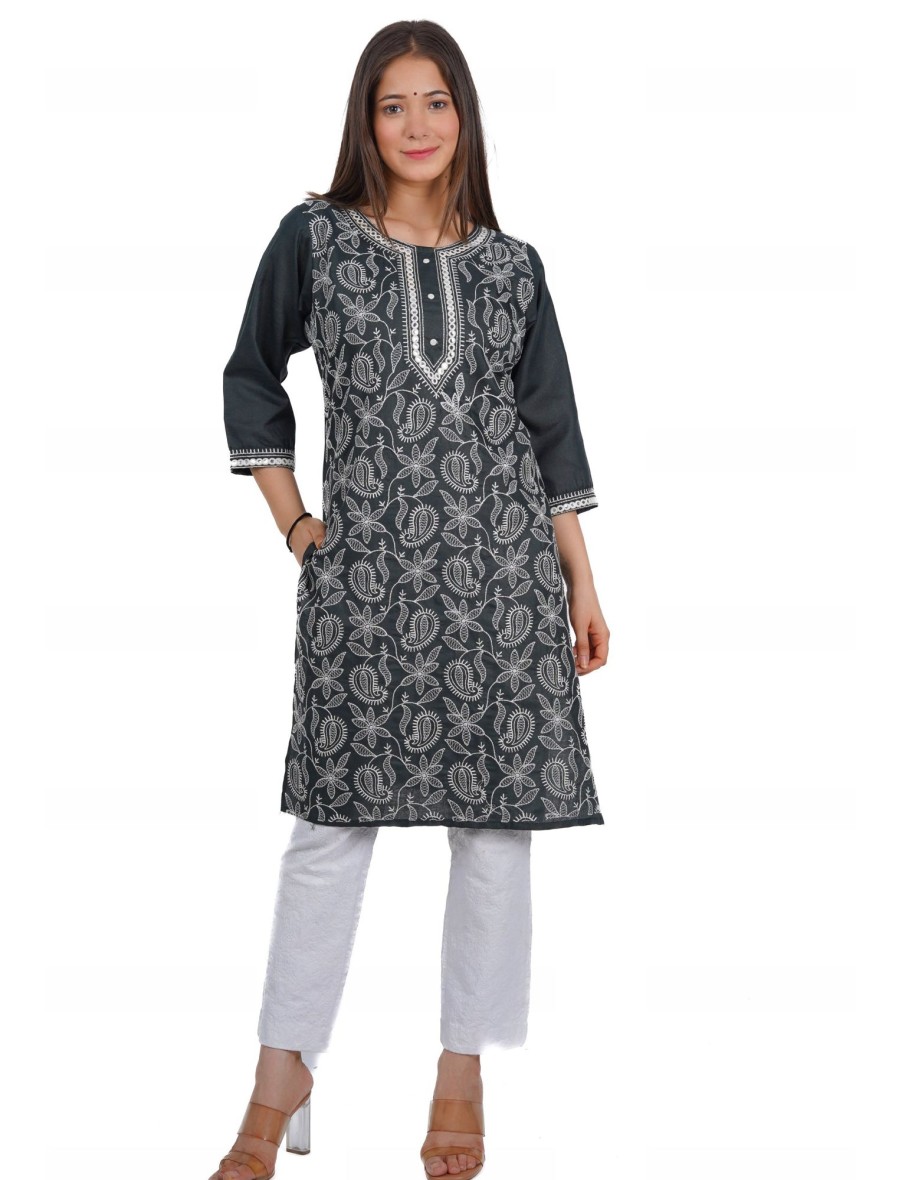 Women IndiFeels Kurti | Grey Lucknowi Kurti Women