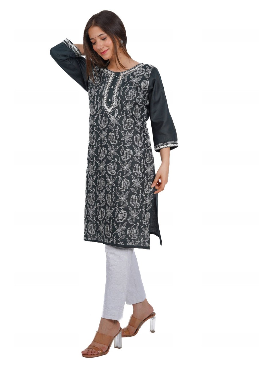 Women IndiFeels Kurti | Grey Lucknowi Kurti Women