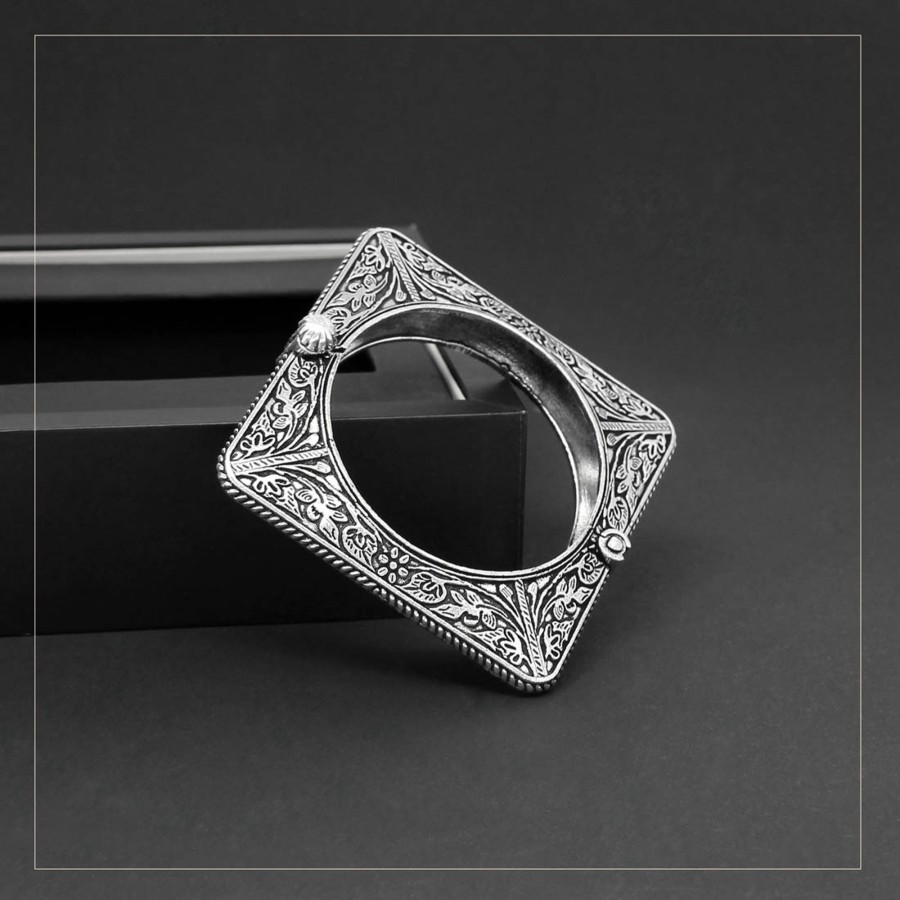 Women IndiFeels Bangles | Silver Square Shape Oxidised Bangle