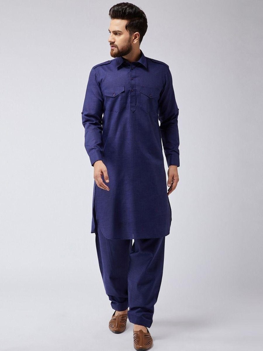 Men IndiFeels | Blue Cotton Pathani Kurta Pajama