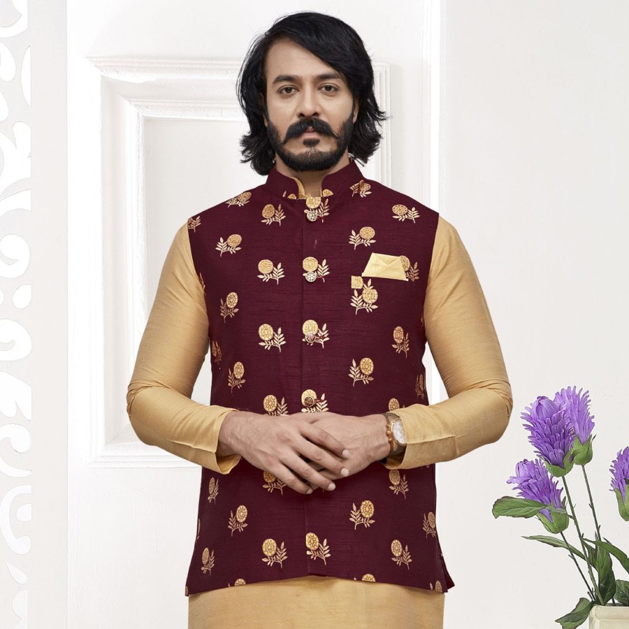 Men IndiFeels | Maroon Pattern Nehru Jacket