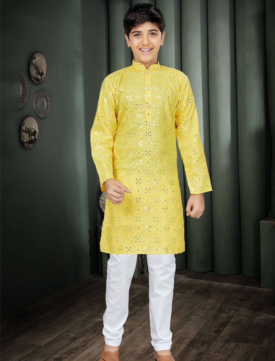 Kids IndiFeels | Boys Yellow Mirror Kurta Pajama