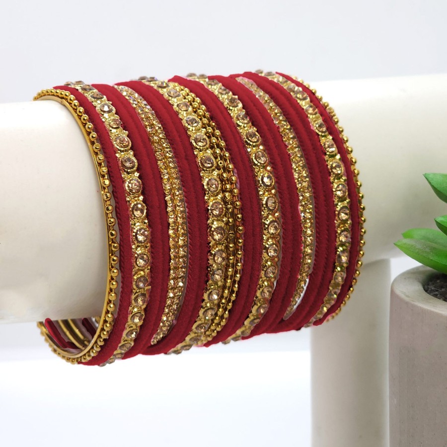 Women IndiFeels Bangles | Gold Plated Red Velvet Bangle Set