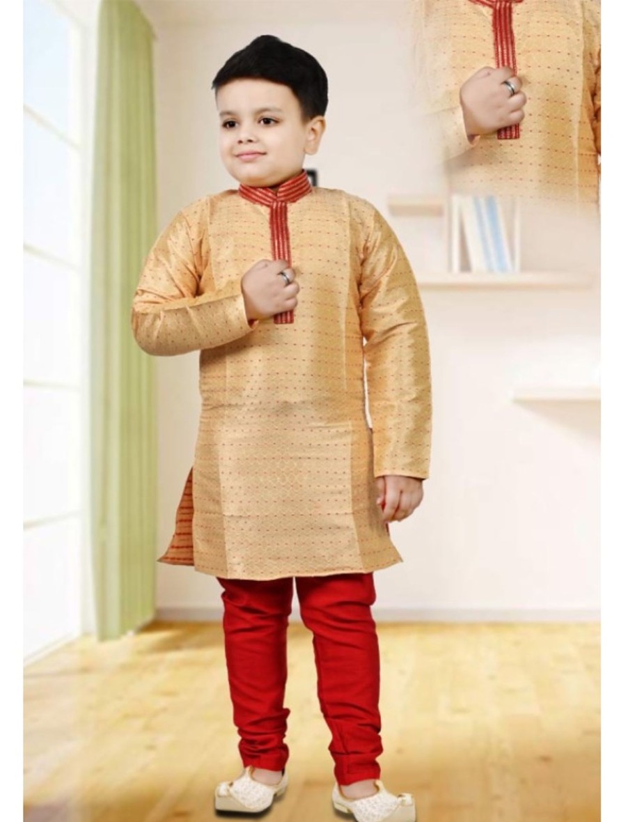 Kids IndiFeels | Kids Kurta Pyjama - Red & Golden