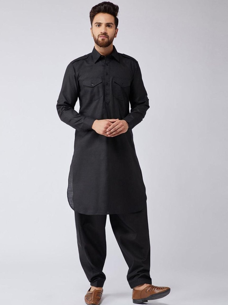 Men IndiFeels | Black Pathani Cotton Kurta Pajama