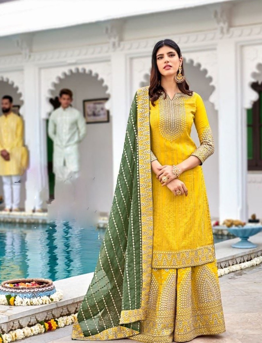 Women IndiFeels Suits | Yellow And Green Embroidered Palazzo Suit