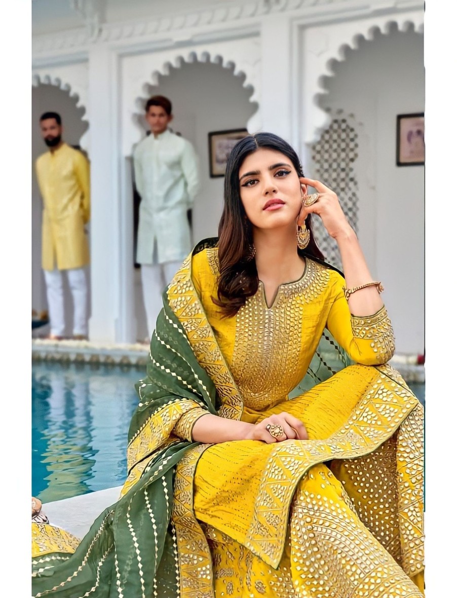 Women IndiFeels Suits | Yellow And Green Embroidered Palazzo Suit