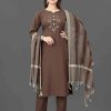 Women IndiFeels Kurti & Pants | Women Brown Cotton Salwar Suit With Dupatta