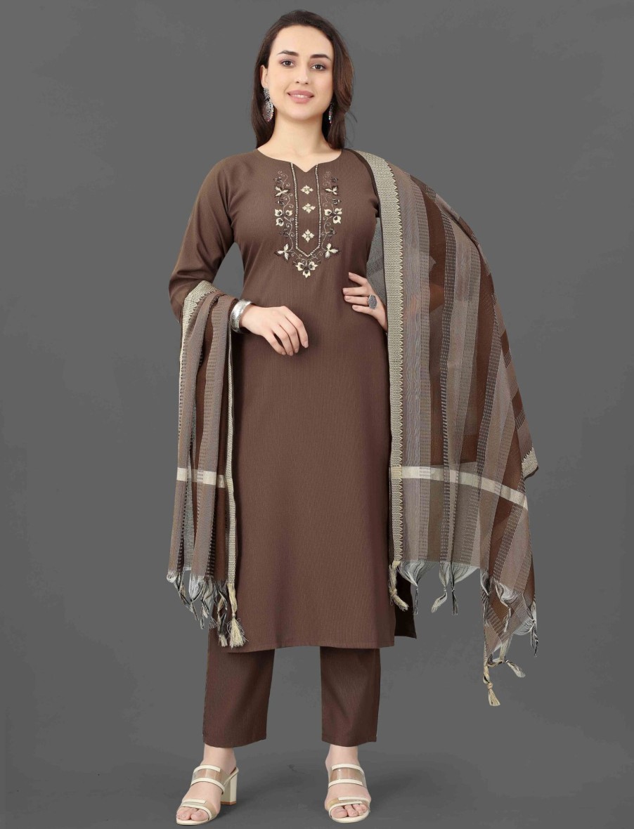 Women IndiFeels Kurti & Pants | Women Brown Cotton Salwar Suit With Dupatta