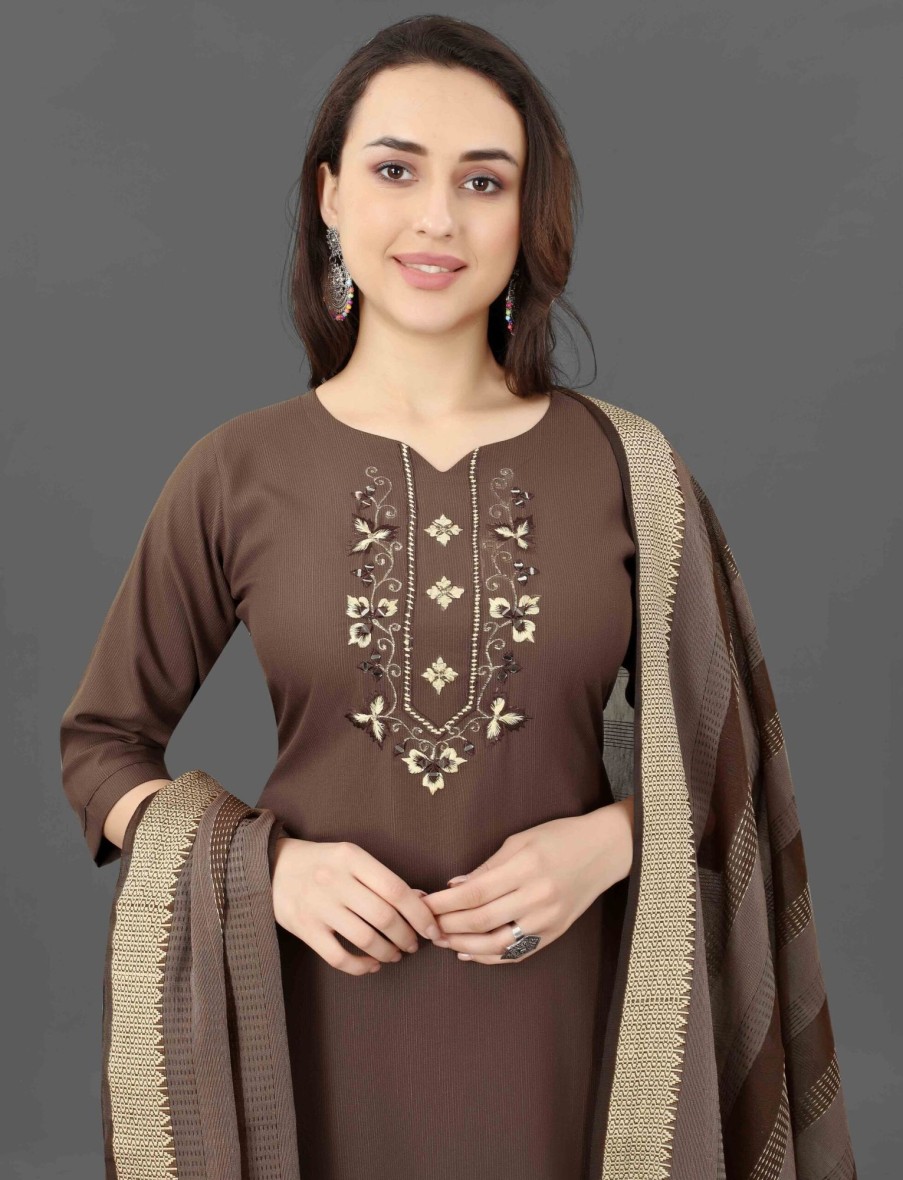 Women IndiFeels Kurti & Pants | Women Brown Cotton Salwar Suit With Dupatta