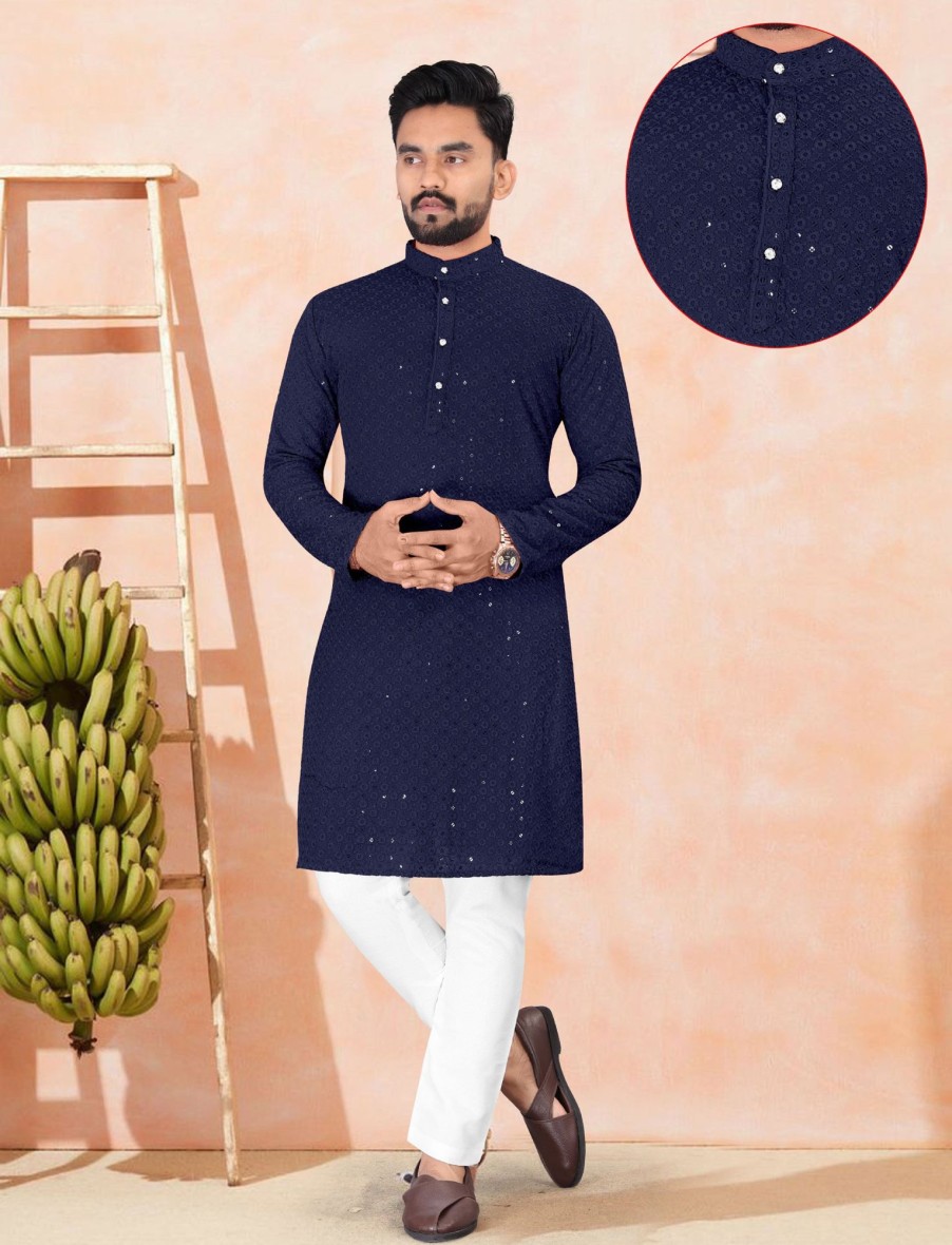 Men IndiFeels | Blue Indian Chikankari Kurta Pajama