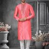 Men IndiFeels | Pink Kurta Pajama For Men With Neck Embroidery