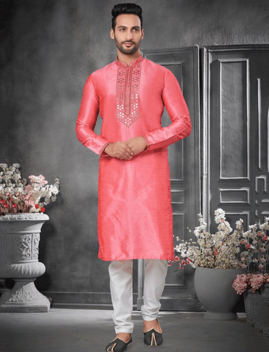 Men IndiFeels | Pink Kurta Pajama For Men With Neck Embroidery